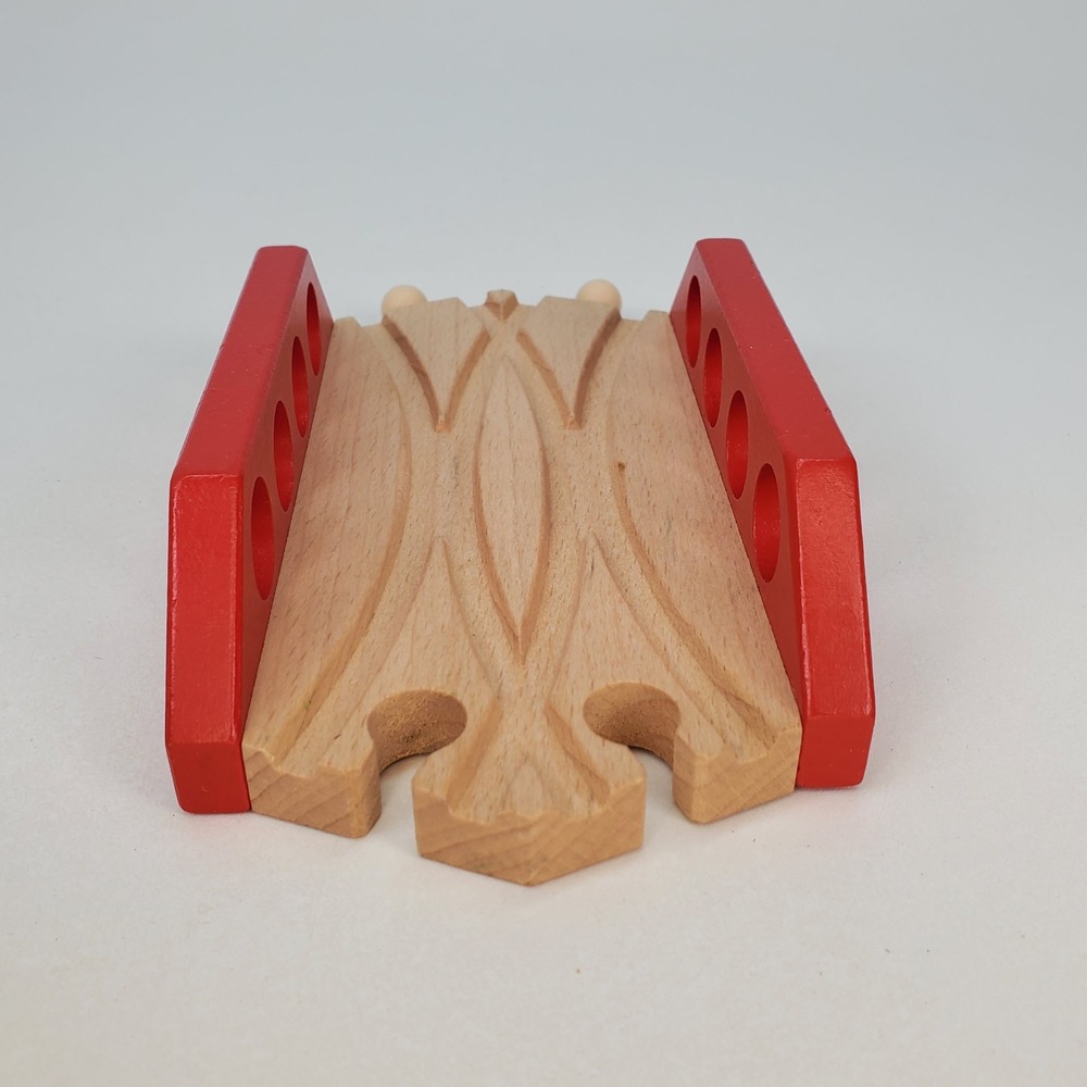 Wooden Railway Double Track Bridge Red Railing Train Set Accessory - Picture 3 of 7